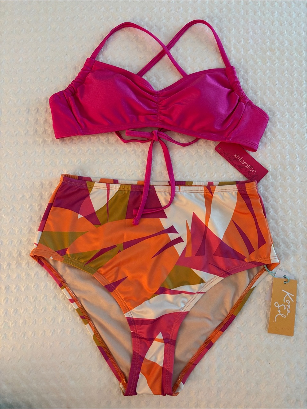 KONA SOL ABSTRACT PRINT HIGH RISE BIKINI BOTTOMS AND COORDINATING TOP